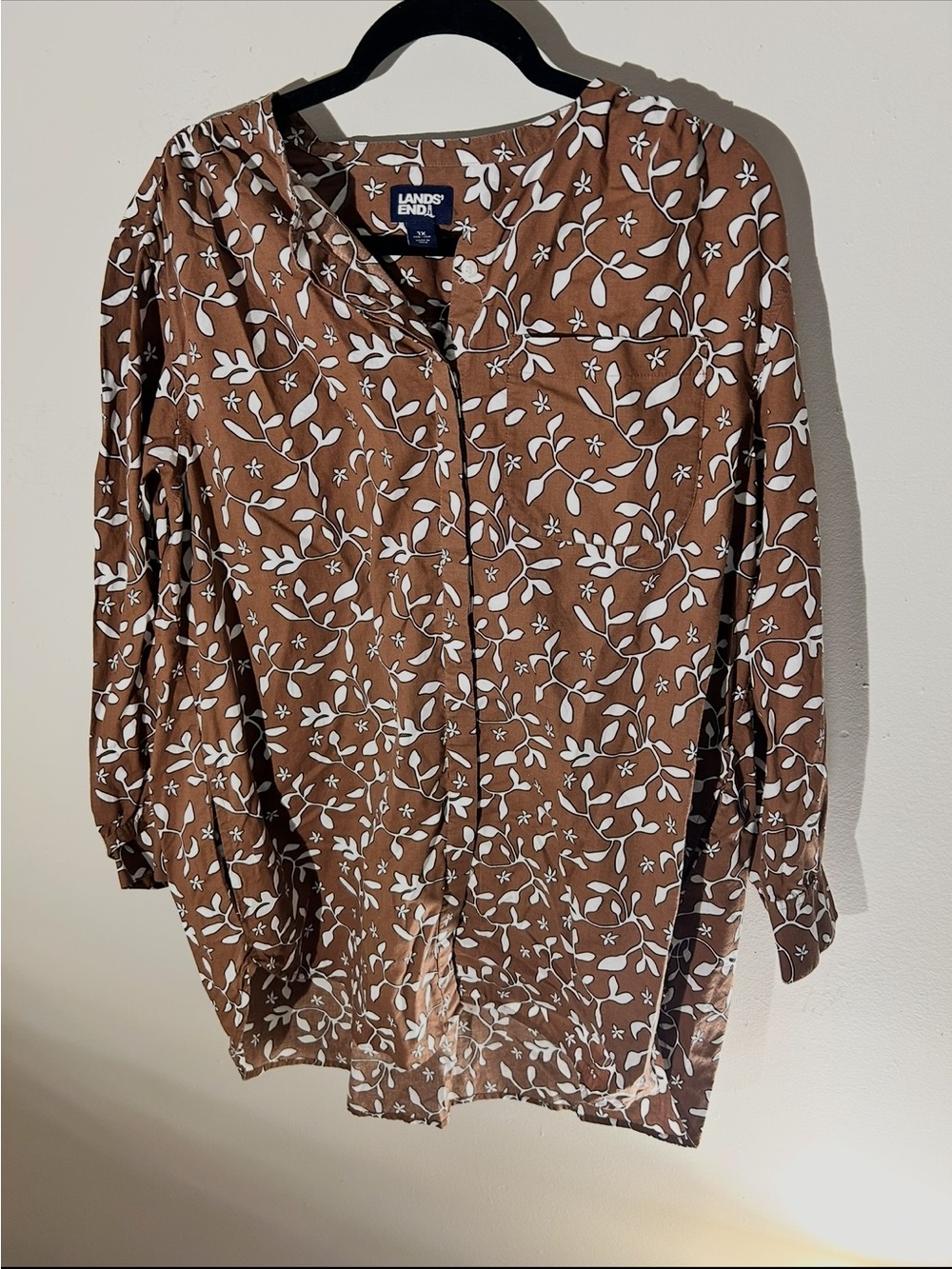 Lands' End Brown and White Floral-Print Button-Front Shirt